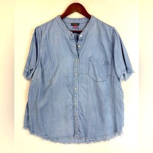 VINCE CAMUTO Chambray Button Down Blouse Top Shirt Raw Hem Fray Short‎ Sleeve 1X